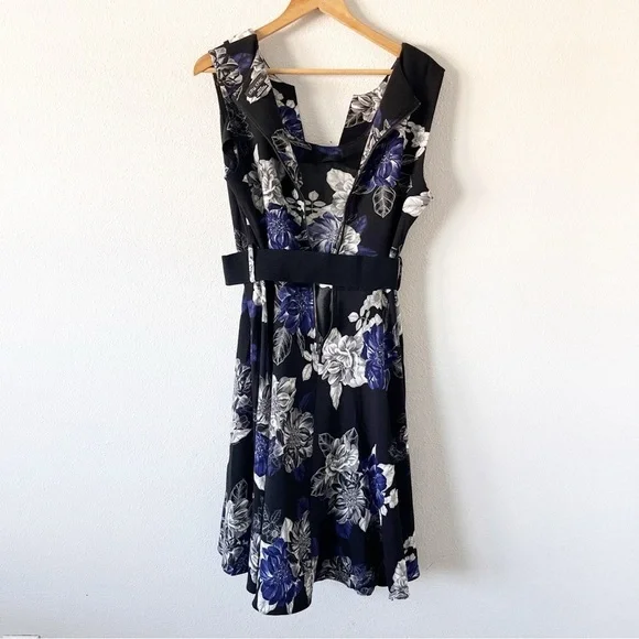 City Chic Epic Floral Black Blue Belted Fit & Flare Belted Dress - Picture 10 of 11
